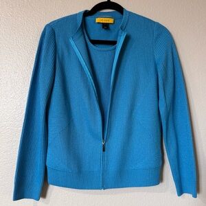 St. John Sport Turquoise Metallic Knit Twin Set Zip Cardigan Shell Petite P